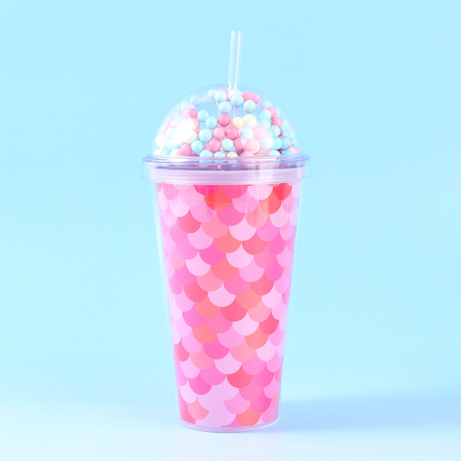 500mL/16.9fl.oz. Pink Scale Double-Layered Straw Plastic Cup (Colorful)