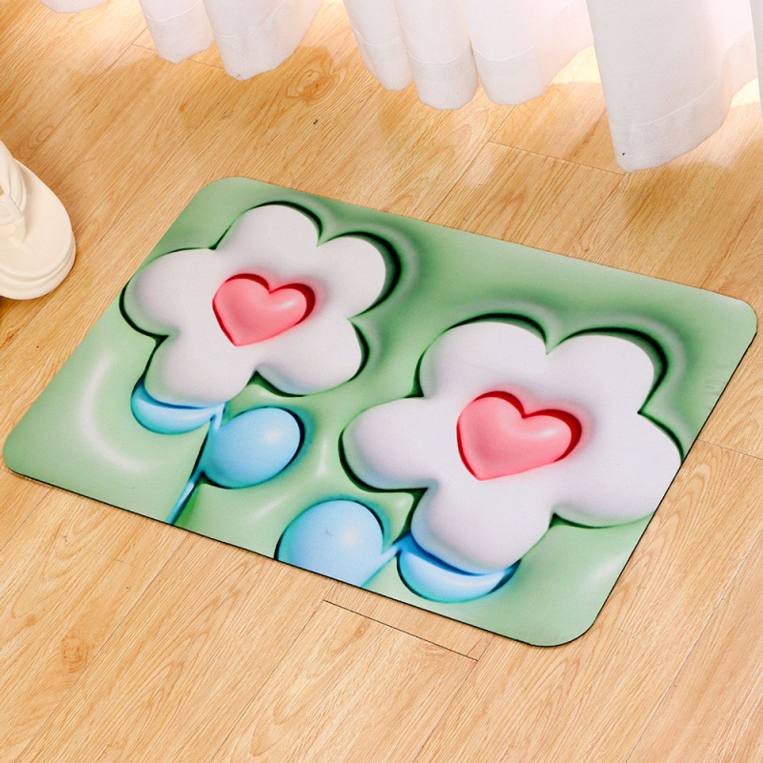 Expansion Element White Flower Square Fluffy Floor Mat (Green)