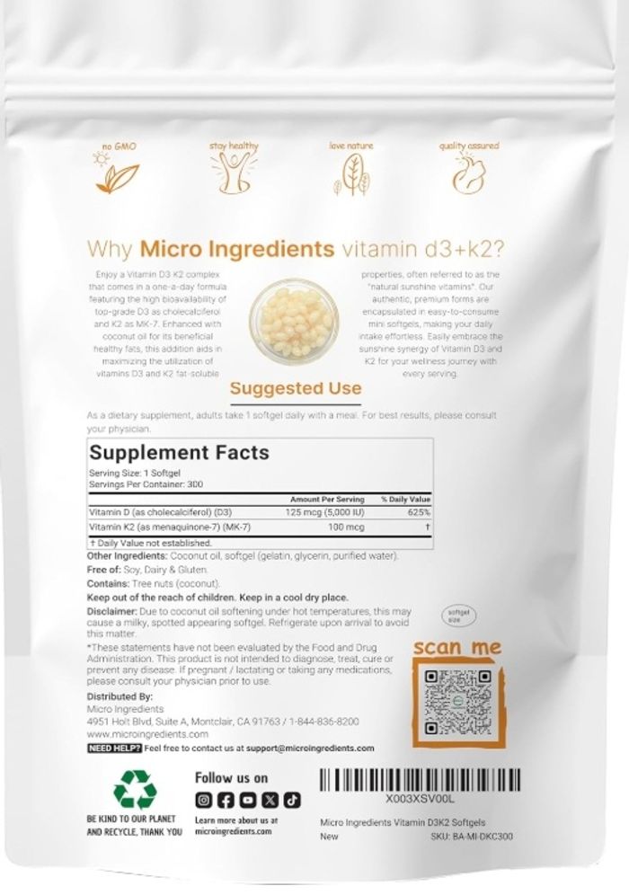 Vitamin D3 + K2 (MK-7) – 5,000 IU / 100 mcg / coconut oil/