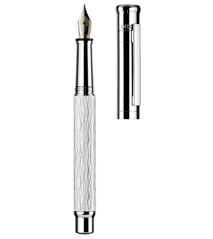 Otto-Hutt Design 04 Fountain Pen - Wave pattern with white lacquered, platinum plated