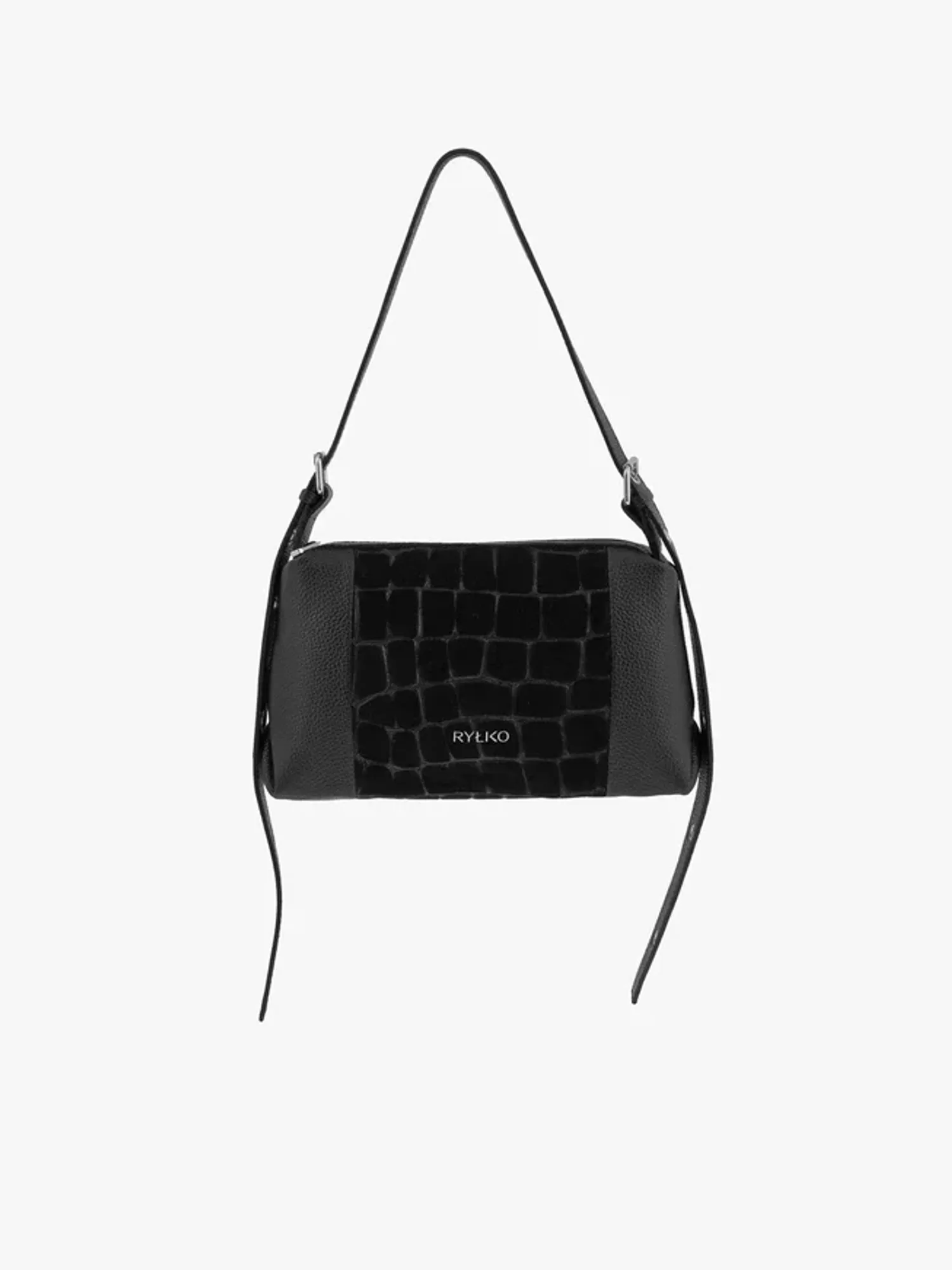 Black handbag with a crocodile-skin pattern