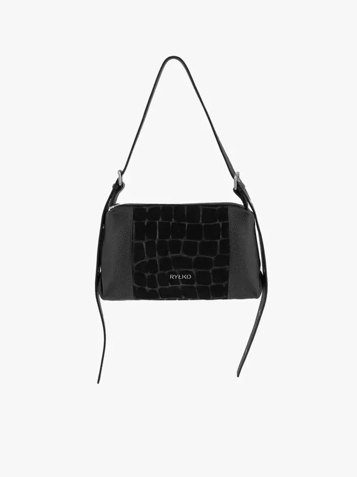 Black handbag with a crocodile-skin pattern
