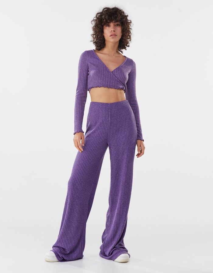 Bershka wide leg trousers purple Clearance