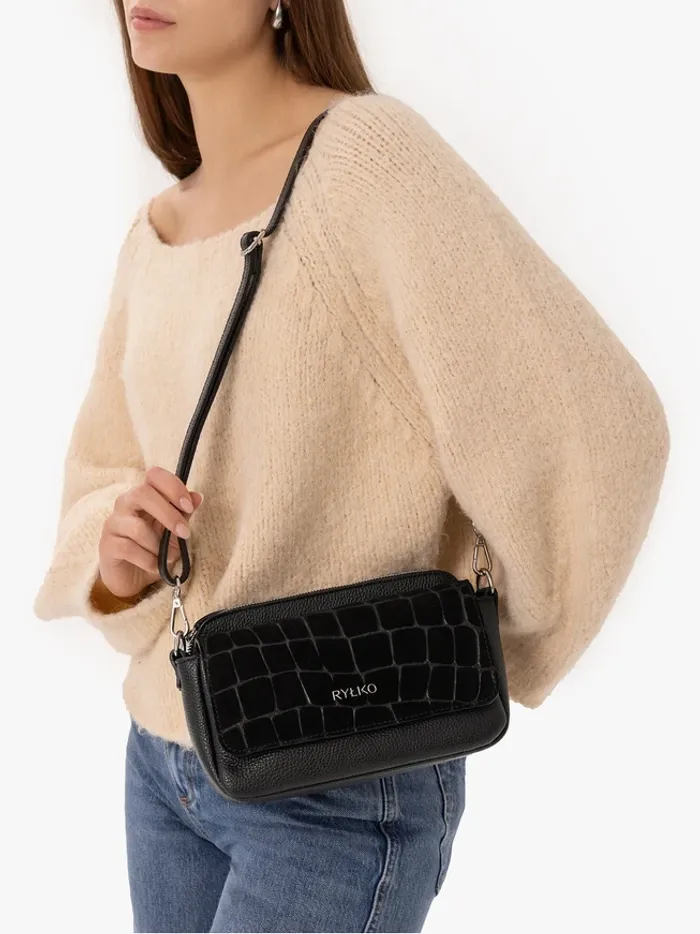 Black small handbag crocodile leather pattern