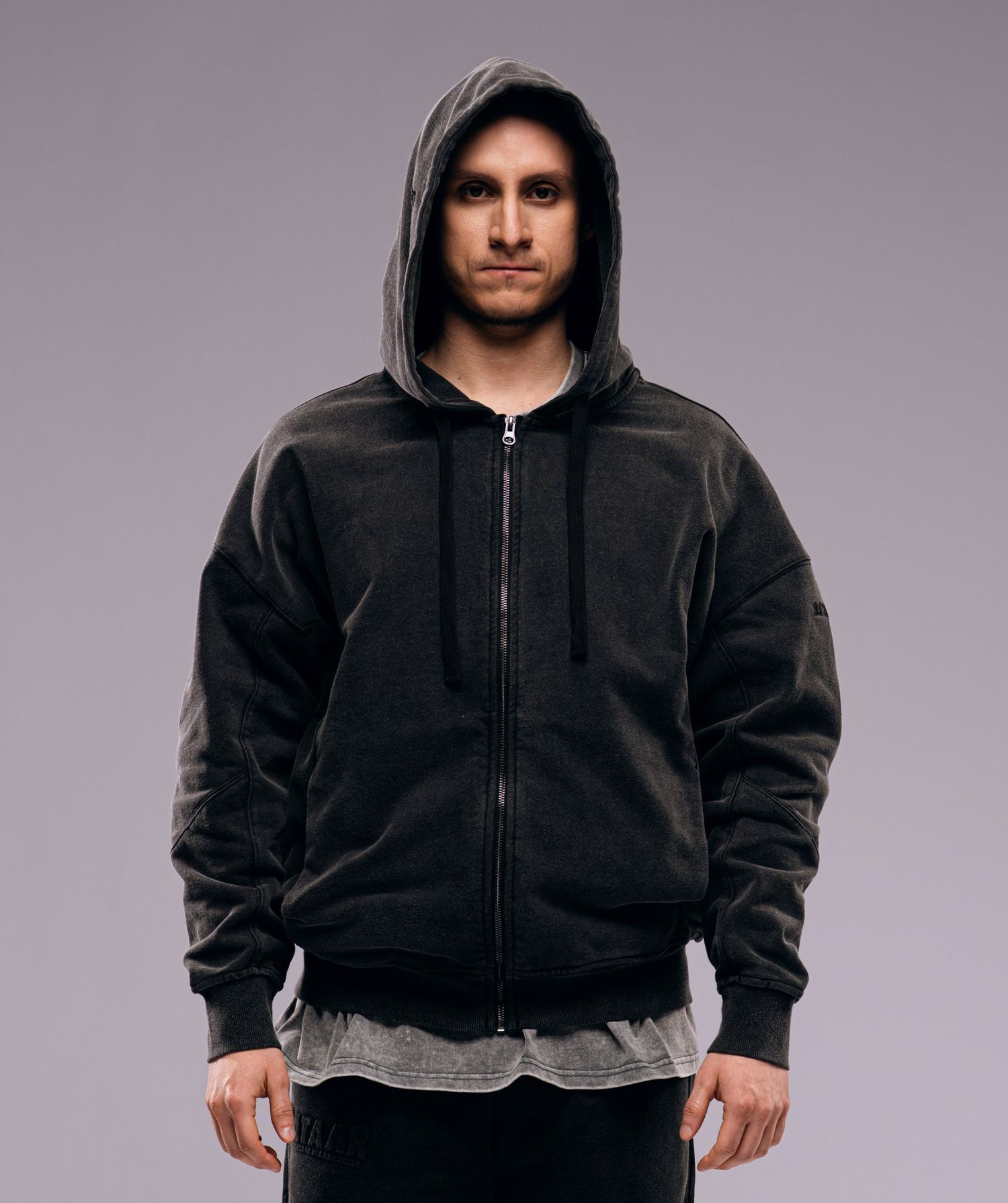 3D Logo Black Zipper Hoodie | Хар өнгийн сул загвартай малгайтай цамц