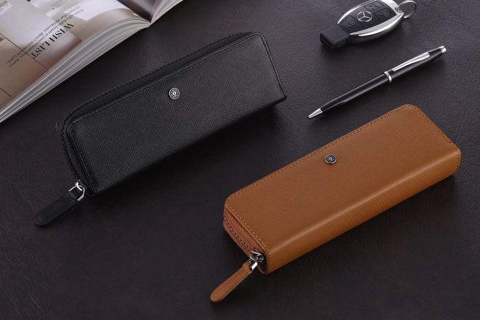 Classic Black Leather Zippered Double Pen Case