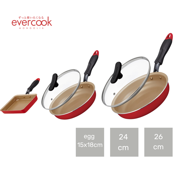 EVERCOOK Хос хайруулын тавгийн сет : egg 13*18см, 24см болон 26см хайруулын таваг 