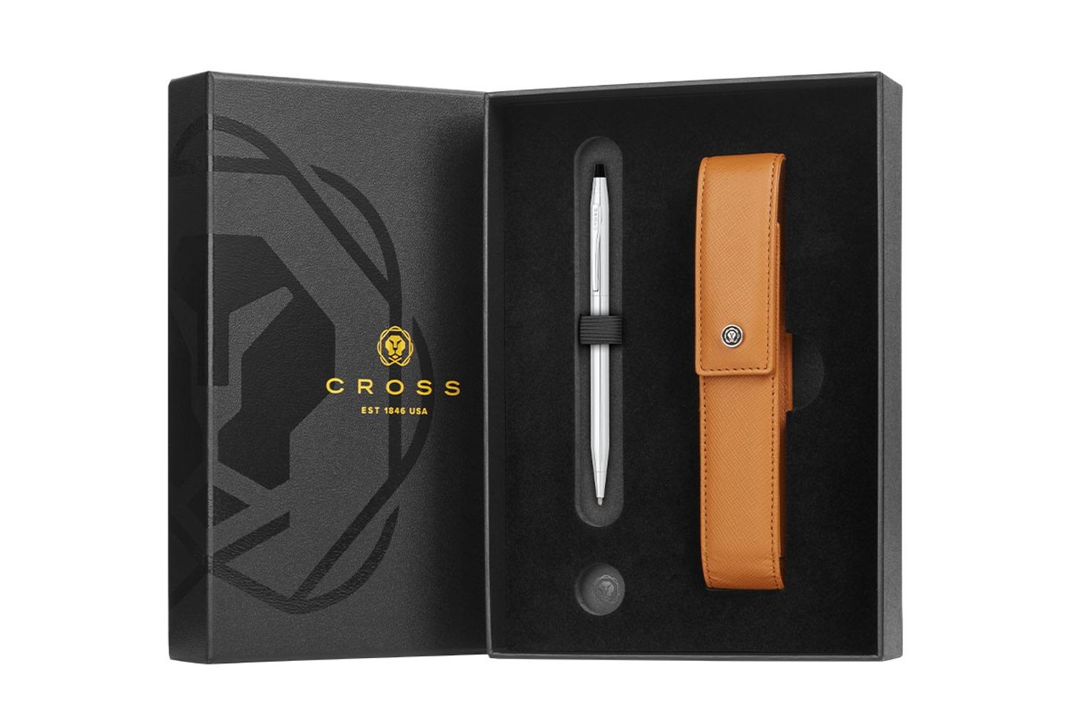 Classic Century Lustrous Chrome Ballpoint Pen with Mocha Magnetic Leather Single Pen Case Gift Set