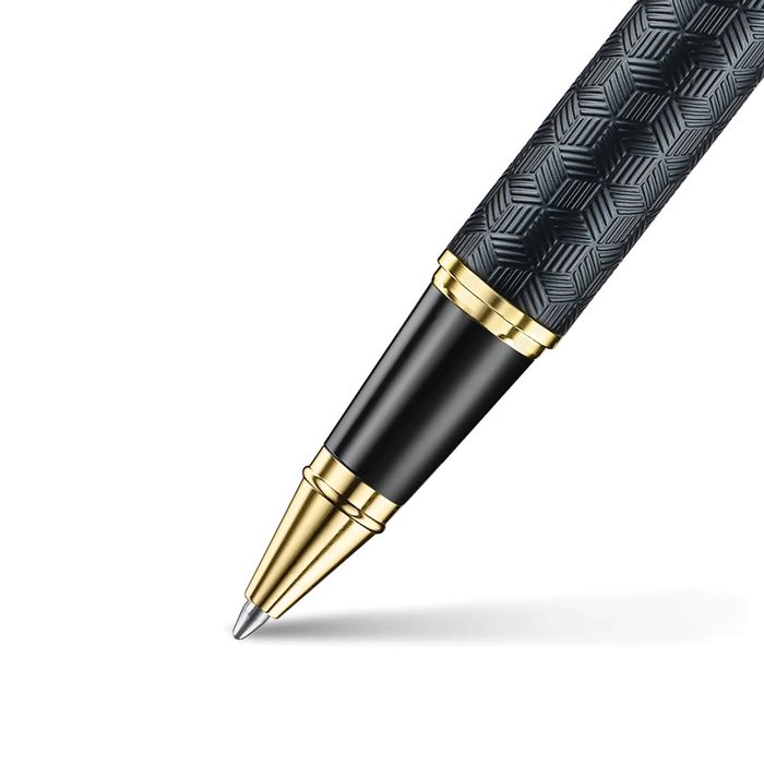 PEN SHEAFFER 300 E9347 ENGRAVED MATT BLACK BARREL AND SHINY CHROME CAP, PVD GOLD TRIMS MEDIUM BP 
