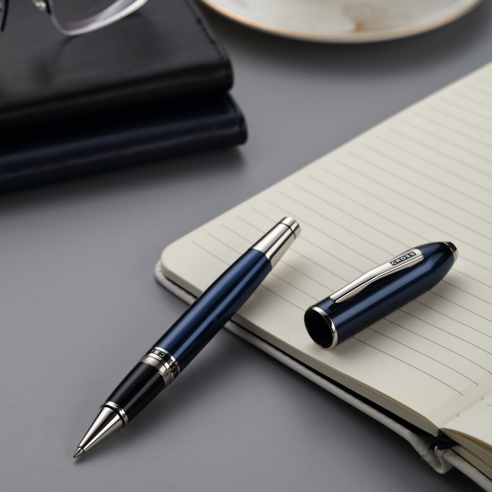 Peerless™ Polished Translucent Cobalt Blue Engraved Diamond Pattern with Polished Chrome Appointments and Swarovski Crystal Rollerball Pen