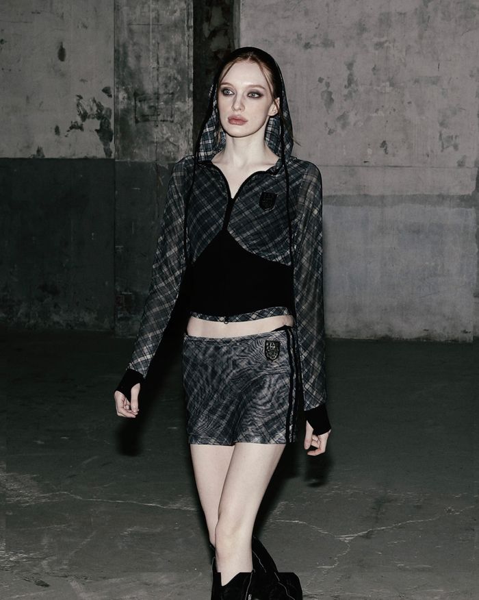 Vintage Club Slim Fit Hood Zip-up - Check Black