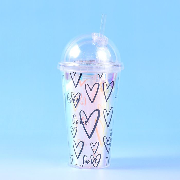 500mL/16.9fl.oz.Black Heart Double-Layered Straw Plastic Cup (Black)
