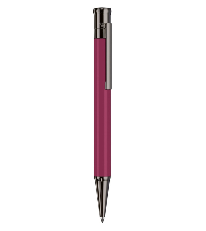 Design 04 Ballpoint Pen barrel carmine rose shiny lacquered, cap and fittings ruthenium plated