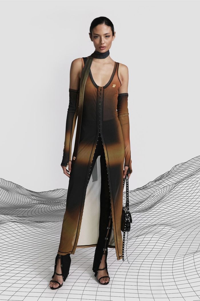 Halo Mesh Sleeveless Long Dress with Warmer & Scarf - Brown