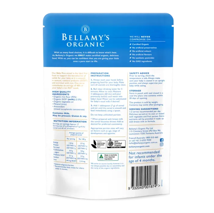 Bellamy's organic baby rice with prebiotic(GOS) 