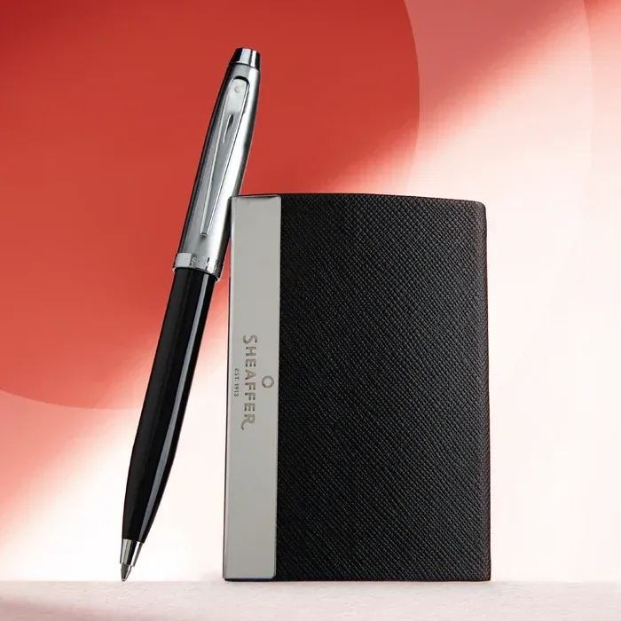  PEN SHEAFFER 100 GLOSSY BLACK BARRELBRUSHED CHROME CAPNICKEL PLATED TRIMS BP WITH BUSINESS CARD HOLDER