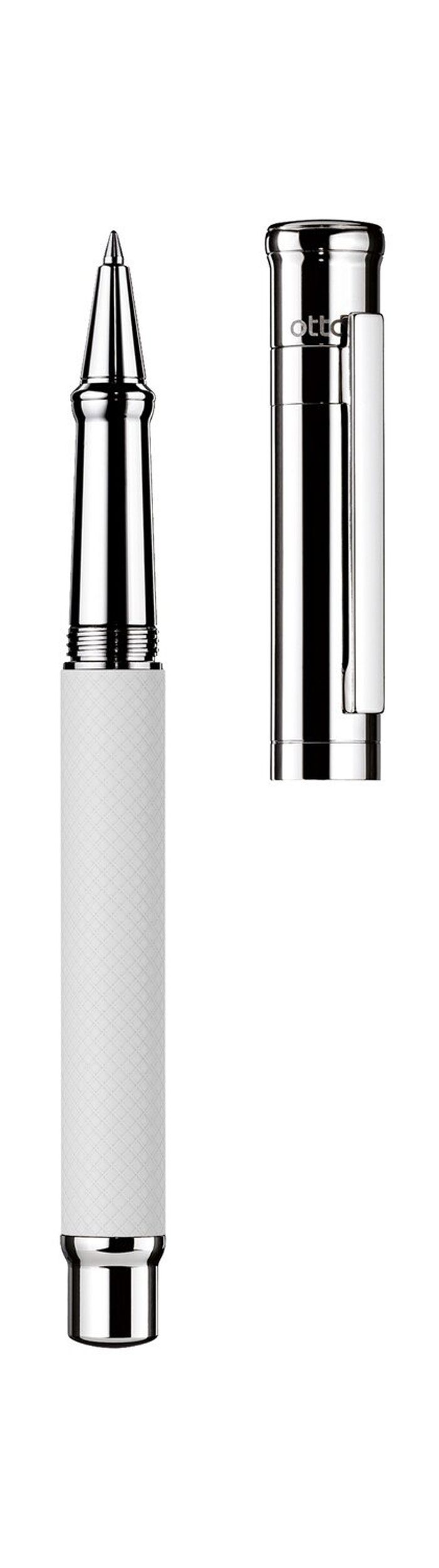Otto-Hutt Design 04 Rollerball - barrel white matt lacquered with checkered guilloché, cap and fittings platinum plated