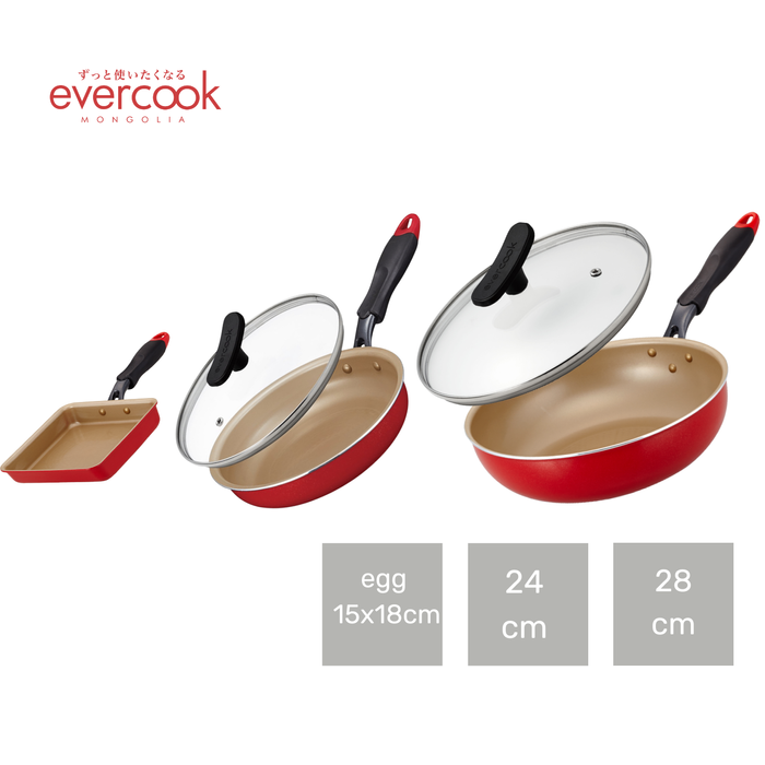 EVERCOOK Хос хайруулын тавгийн сет : egg 13*18см, 24см болон 28см хайруулын таваг 