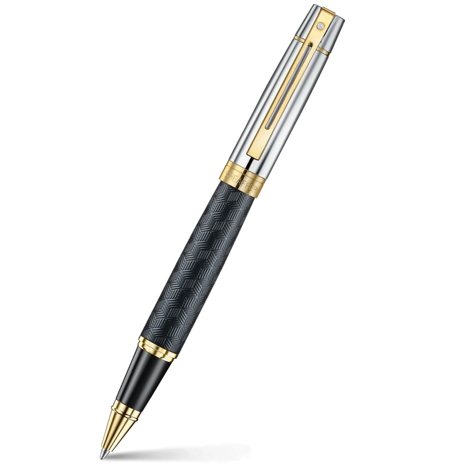 PEN SHEAFFER 300 E9347 ENGRAVED MATT BLACK BARREL AND SHINY CHROME CAP, PVD GOLD TRIMS MEDIUM BP 
