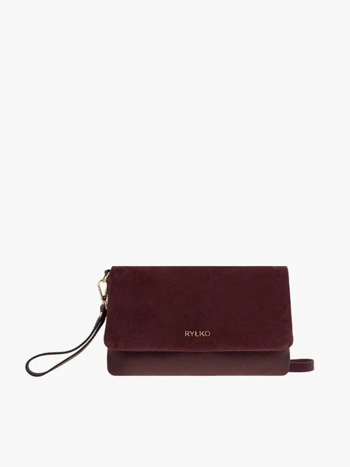 A small burgundy handbag