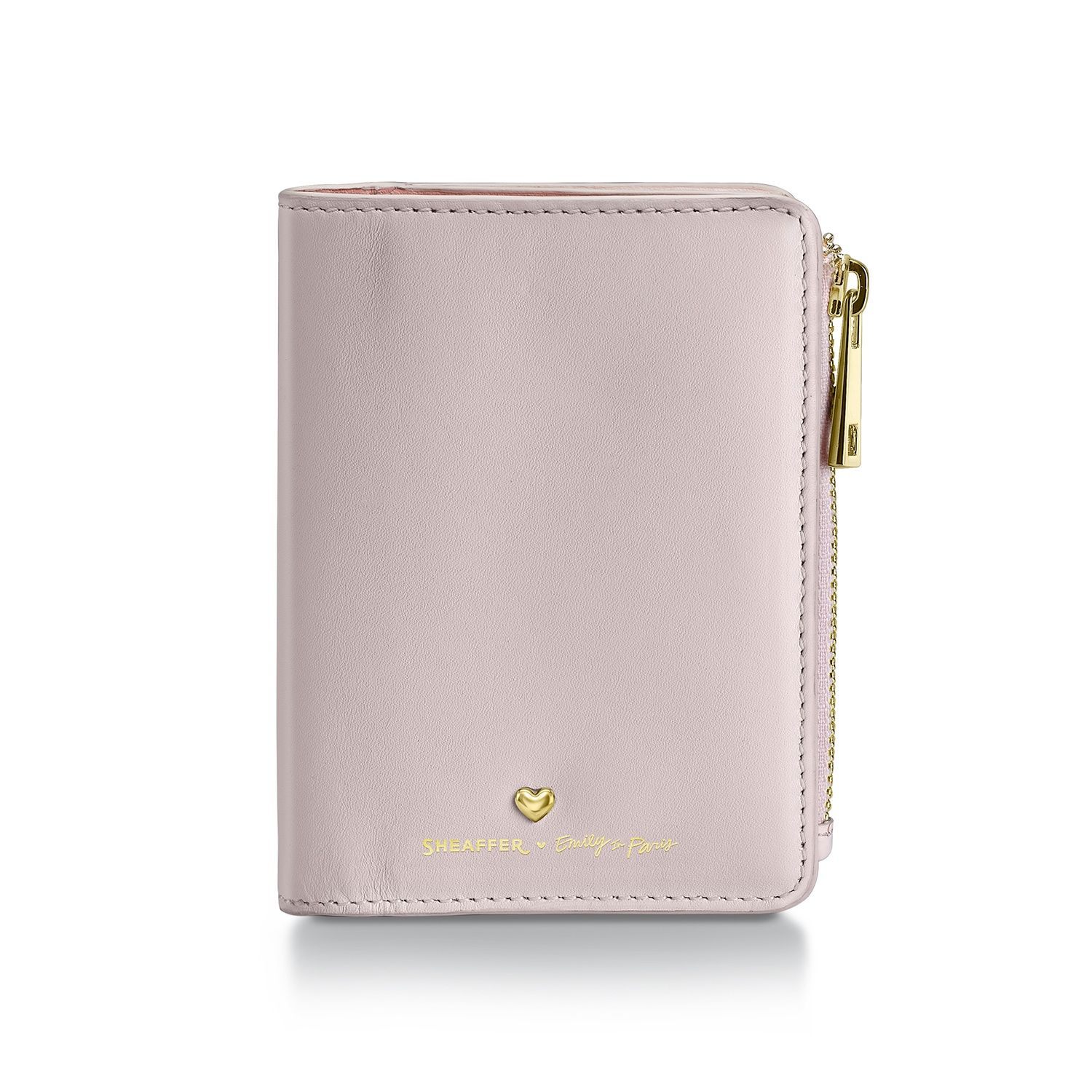 WALLET SHEAFFER EIP LEATHER BIFOLD COIN WITH ZIP HEART EMBLEM IN CHAMPAGNE GOLD FINISH LT & DK PINK