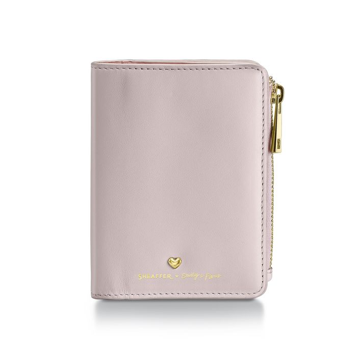 WALLET SHEAFFER EIP LEATHER BIFOLD COIN WITH ZIP HEART EMBLEM IN CHAMPAGNE GOLD FINISH LT & DK PINK
