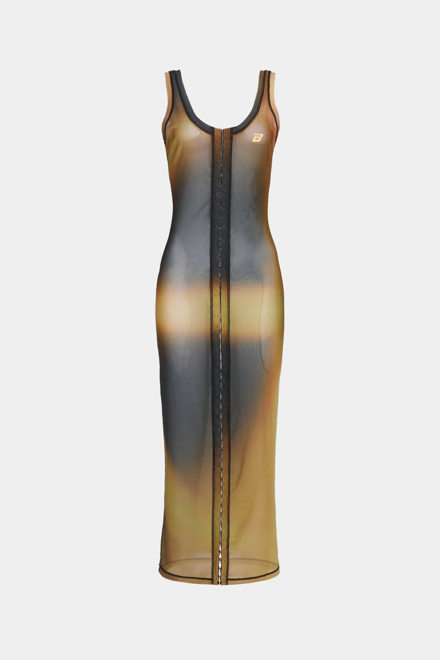 Halo Mesh Sleeveless Long Dress with Warmer & Scarf - Brown