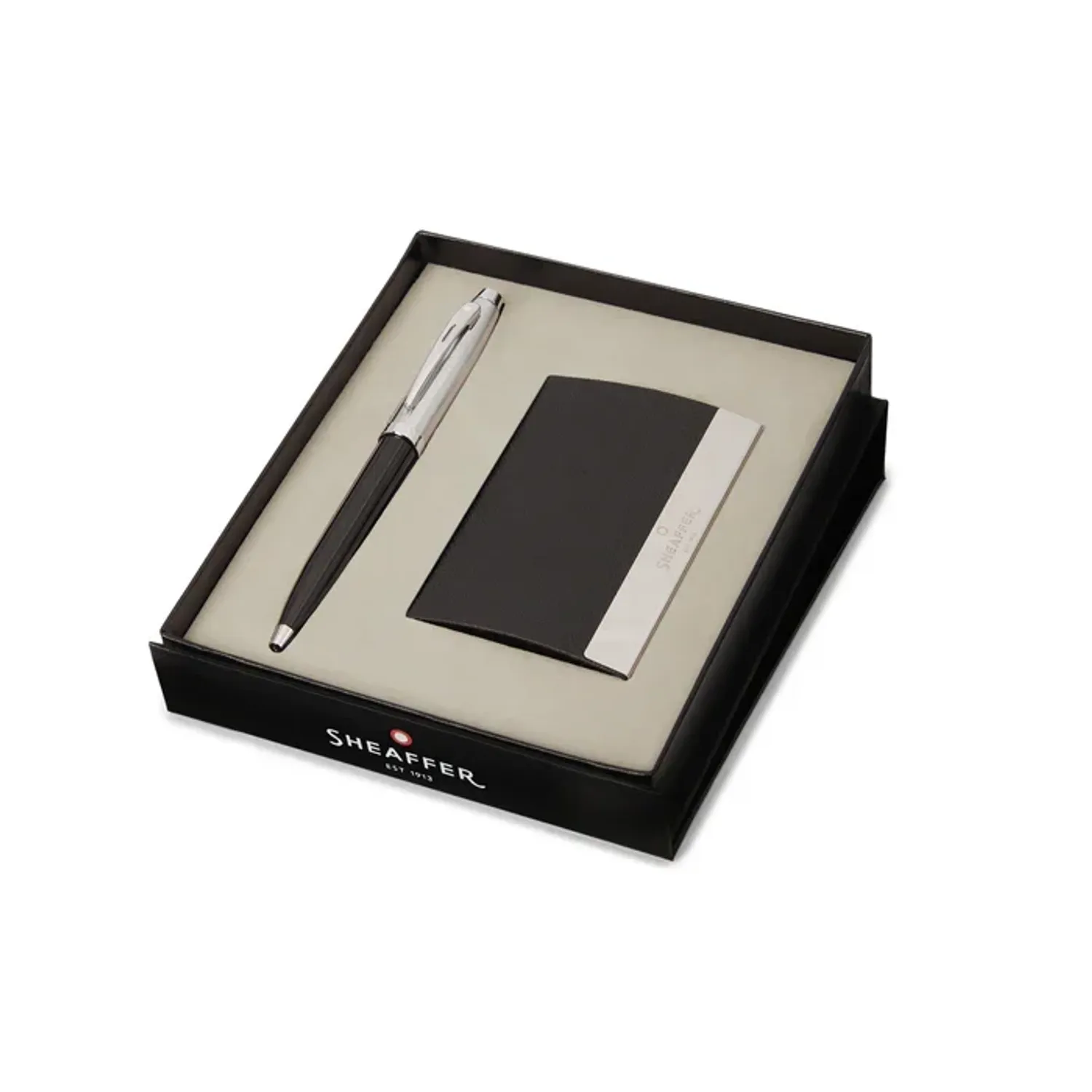  PEN SHEAFFER 100 GLOSSY BLACK BARRELBRUSHED CHROME CAPNICKEL PLATED TRIMS BP WITH BUSINESS CARD HOLDER