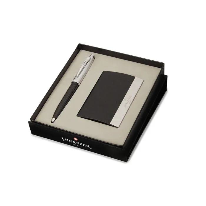  PEN SHEAFFER 100 GLOSSY BLACK BARRELBRUSHED CHROME CAPNICKEL PLATED TRIMS BP WITH BUSINESS CARD HOLDER
