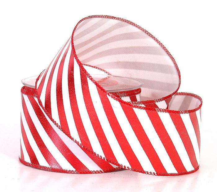 Foil Red White Diagonal Stripe Ribbon