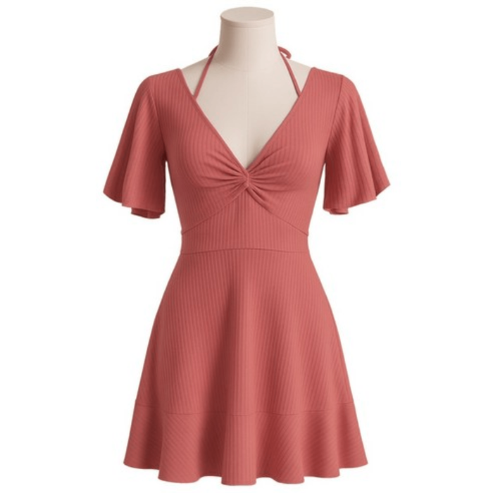 Vanilla Macaron Body Covering Shirring One-Piece Swimsuit for Women, Plus Size Cover-Up One-Piece Short-Sleeve Monokini with Ribbon Off-Shoulder Underpants, Summer Vacation Pool, Seaside Beach