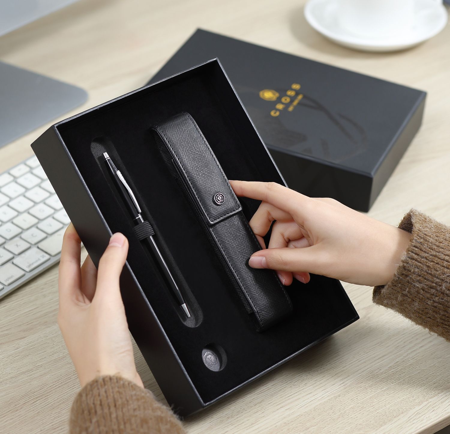 Classic Century Black Lacquer Ballpoint Pen with Classic Black Magnetic Leather Single Pen Case Gift Set