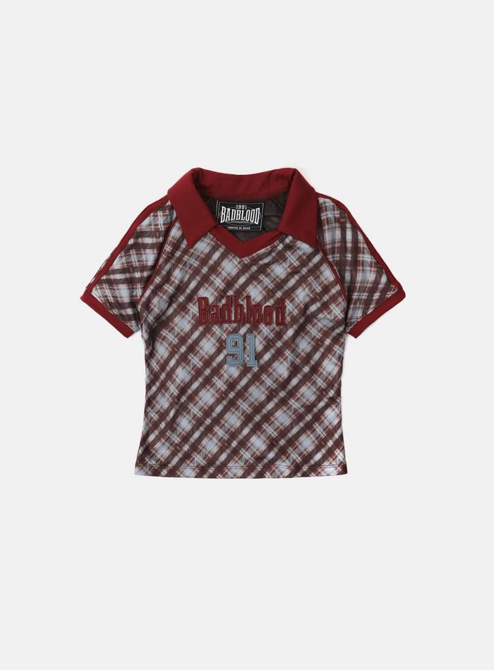 Vintage Club V-Neck Check T-Shirt - Red