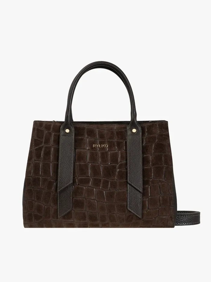 Dark brown large handbag crocodile leather pattern 