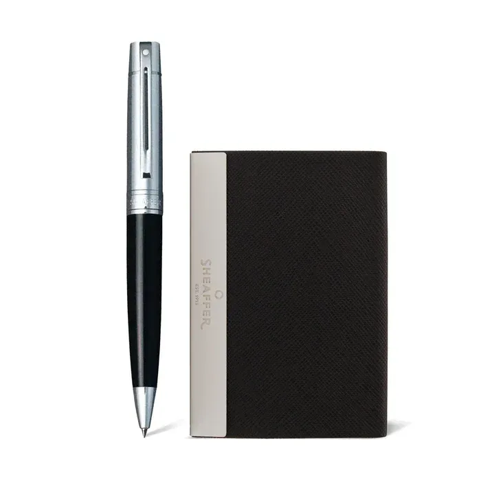 PEN SHEAFFER 300 GLOSSY BLACK BARREL CHROME CAP WITH CHROME PLATED TRIMS BP WITH BUSINESS CARD HOLDER