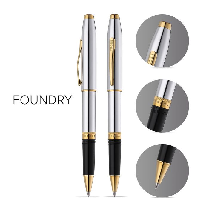 Foundry Polished Chrome with PVD Gold Appointments Rollerball Pen
