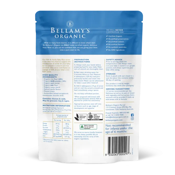 Bellamy's organic milk&vanilla baby rice 