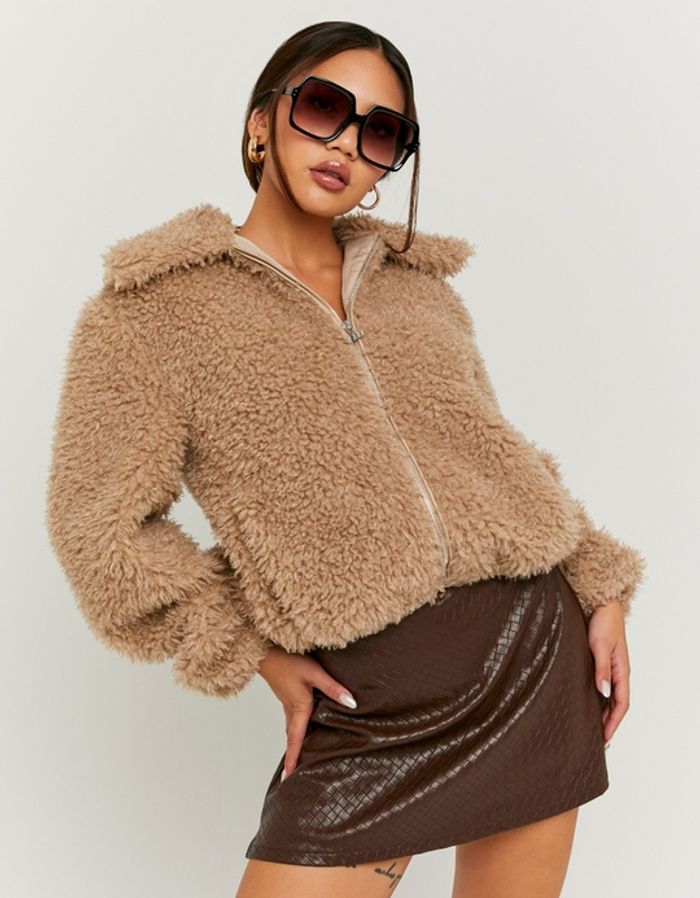 Beige Faux Fur Zip Up Jacket