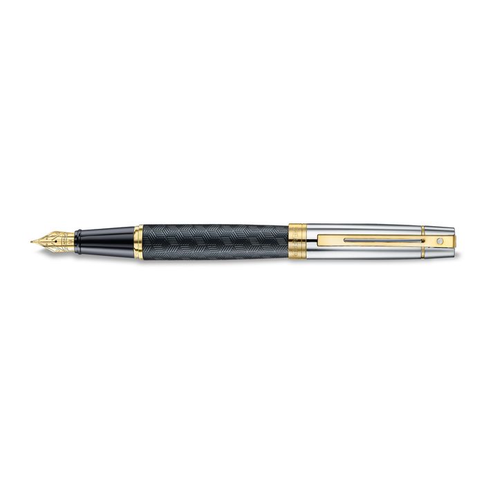 PEN SHEAFFER 300 E9347 ENGRAVED MATT BLACK BARREL AND SHINY CHROME CAP, PVD GOLD TRIMS MEDIUM FP 