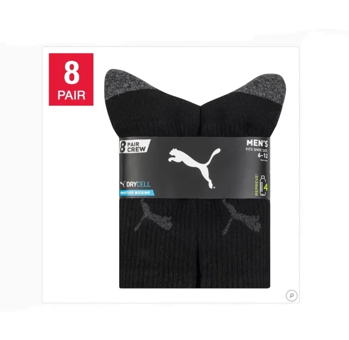 Socks Mens PUMA Crew Black White 8 Pair New Shoe Size 6-12 Moisture Wicking 