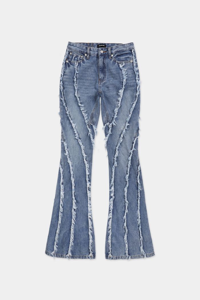 Twist Frayed Denim Pants - Blue