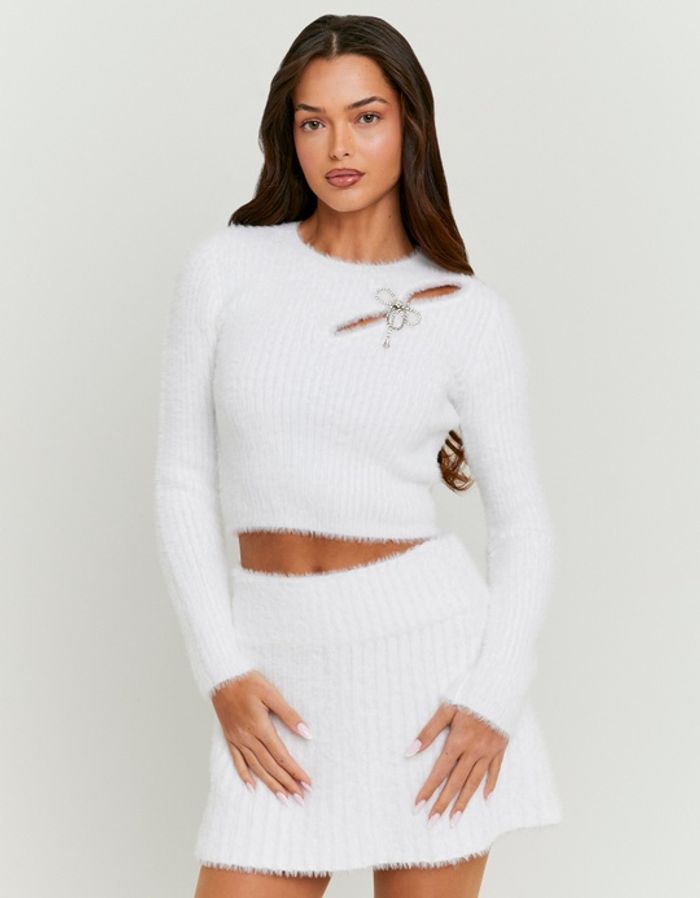 White Knit Cut Out Jumper with Rhinestones