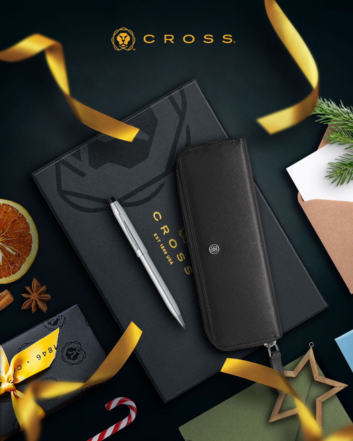 Classic Black Leather Zippered Double Pen Case Gift Bundle