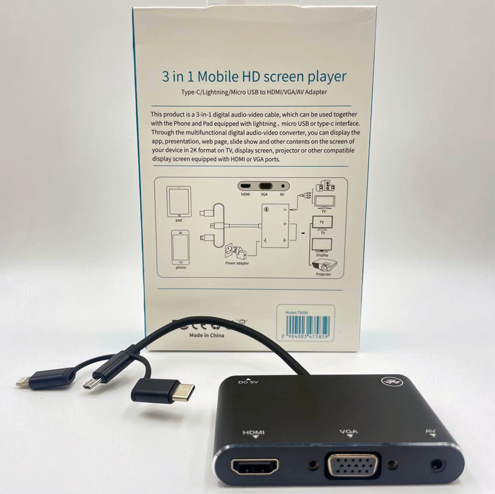 Type-C, Lightning, Micro USB to VGA, HDMI, AV Adapter