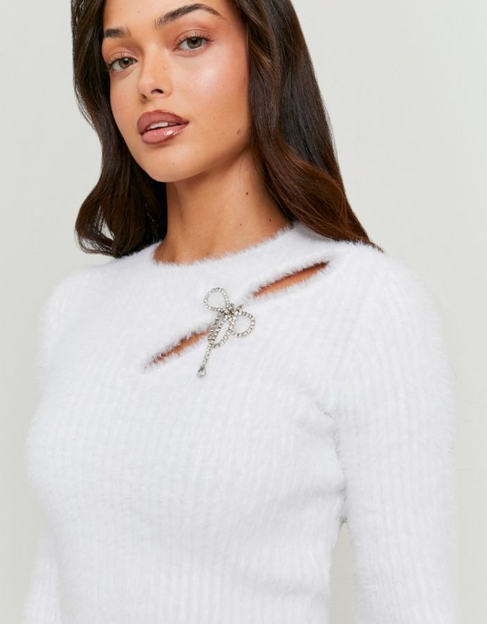 White Knit Cut Out Jumper with Rhinestones