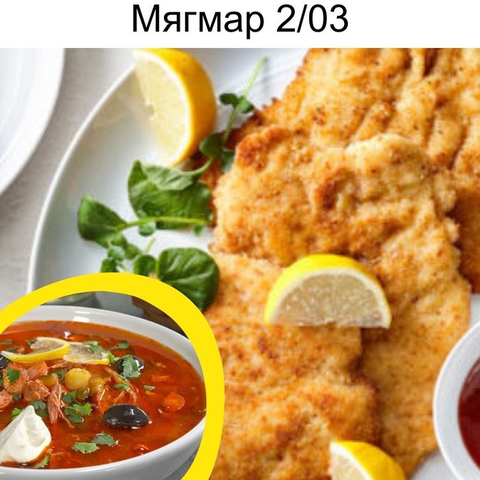 ТАХИАНЫ МАХАН ШНИЦЕЛЬ + СОЛЯНКА ШӨЛ/ CHICKEN  SHNITZEL + SOLYANKA SOUP  