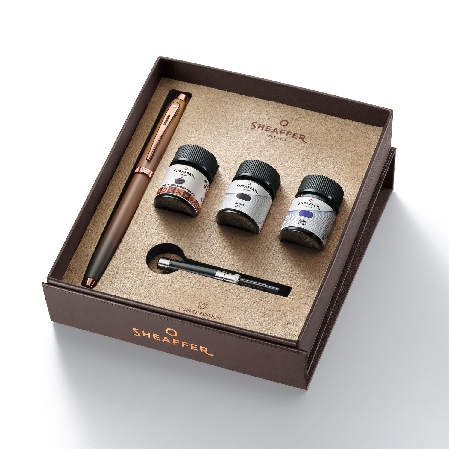 GIFTSET SHEAFFER 100 9374 COFFEE EDITION MATT BROWN WITH REGAL BROWN PVD TRIMS M FP AND SKRIP BROWN COFFEE SCENTED INK 50 ML