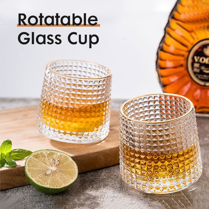 190ml/6.4fl.oz. Gold Rim Grid Whiskey Rotatable Glass Cup (Clear)