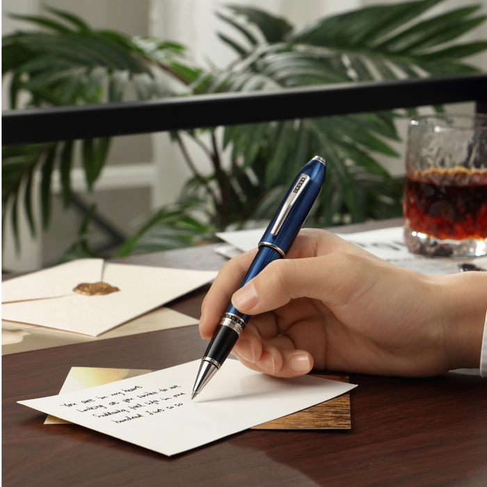 Peerless™ Translucent Quartz Blue Engraved Lacquer Platinum Plated Appointments Rollerball Pen