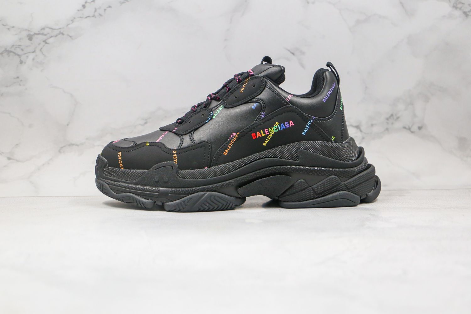 Balenciaga Triple S All Over Logo Print Black Chunky Low 